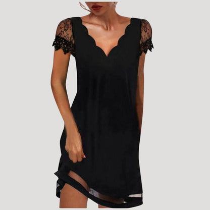 MW | Damen Schwarzes Minikleid mit kurzen Ärmeln aus Spitze