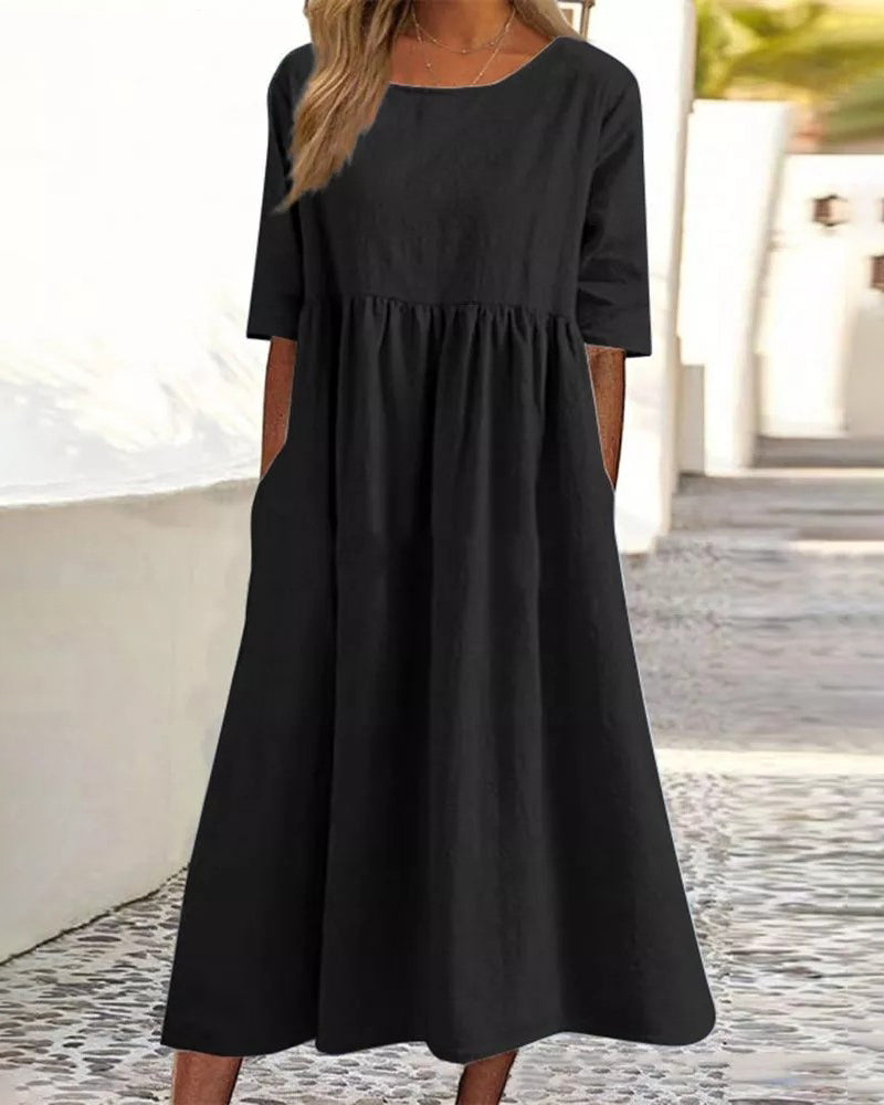 MW | Strand Kurzarm Rundhalsausschnitt Rüschen Swing Lässig Boho Midi Kleid mit Taschen