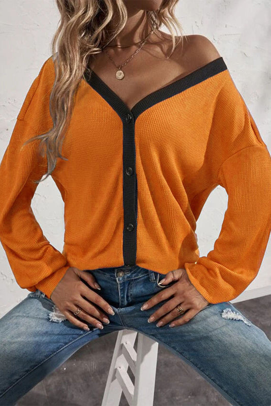 MW | Lässige solide Patchwork Knöpfe V-Ausschnitt T-Shirts (7 Farben)