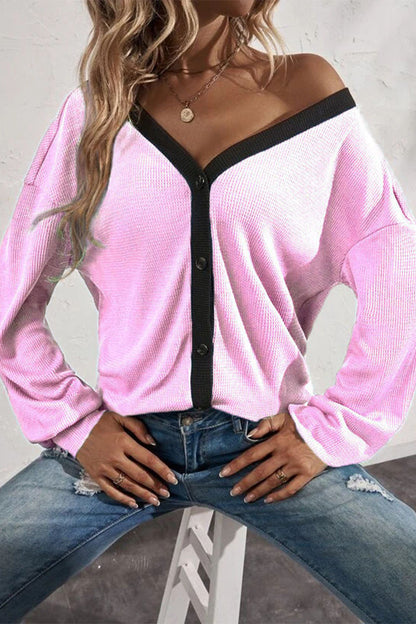 MW | Lässige solide Patchwork Knöpfe V-Ausschnitt T-Shirts (7 Farben)