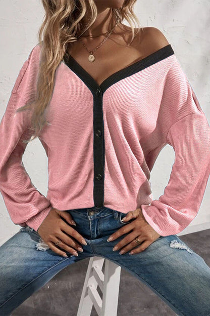 MW | Lässige solide Patchwork Knöpfe V-Ausschnitt T-Shirts (7 Farben)