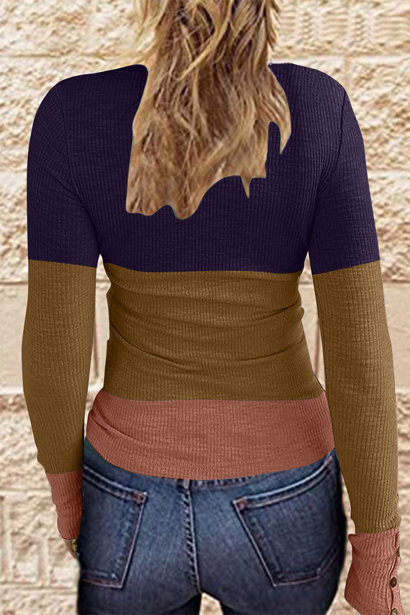 MW | Casual Gradual Change Farbe Block Patchwork Knöpfe O Neck T-Shirts (7 Farben)