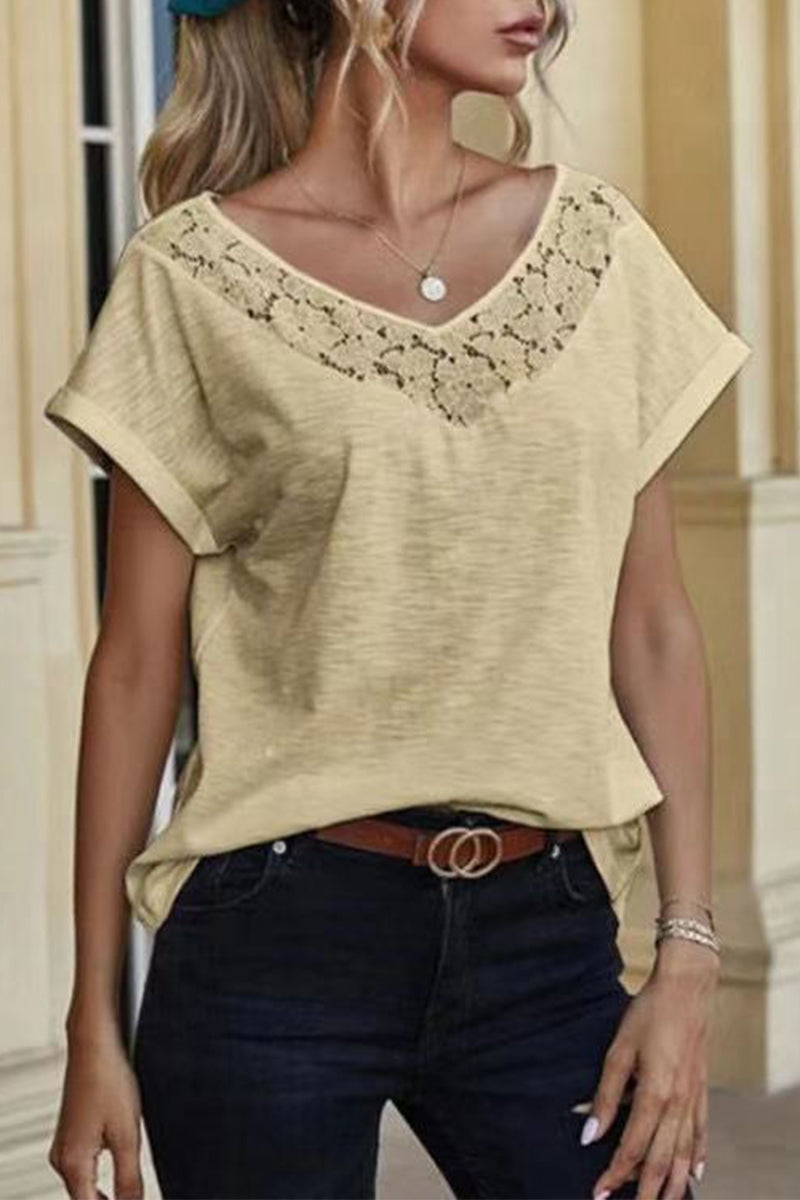 MW | Lässige solide Spitze Patchwork V-Ausschnitt T-Shirts (3 Farben)