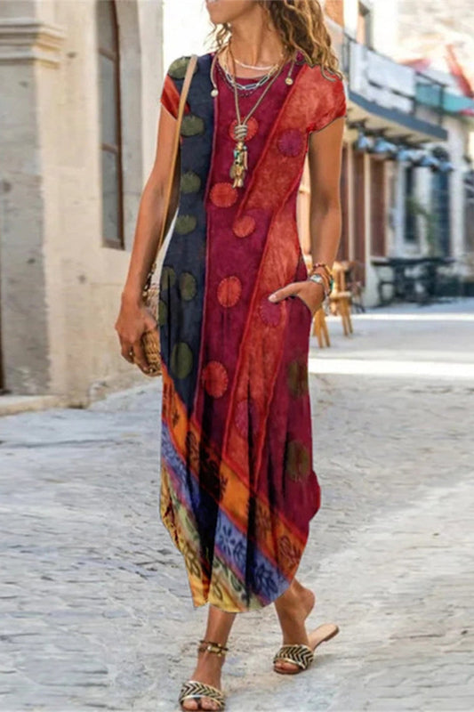 MW | Casual Street Print Patchwork O Hals kurze Ärmel Kleider Kleider (10 Farben)