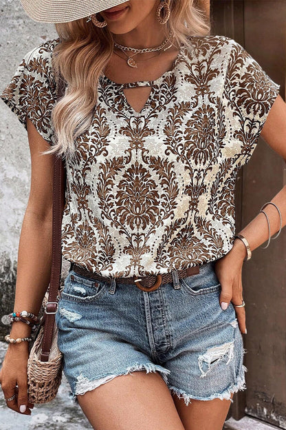 MW | Casual Vintage Floral Hollowed Out V Hals T-Shirts