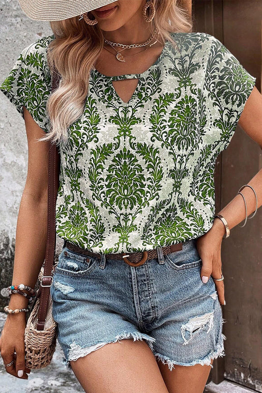 MW | Casual Vintage Floral Hollowed Out V Hals T-Shirts