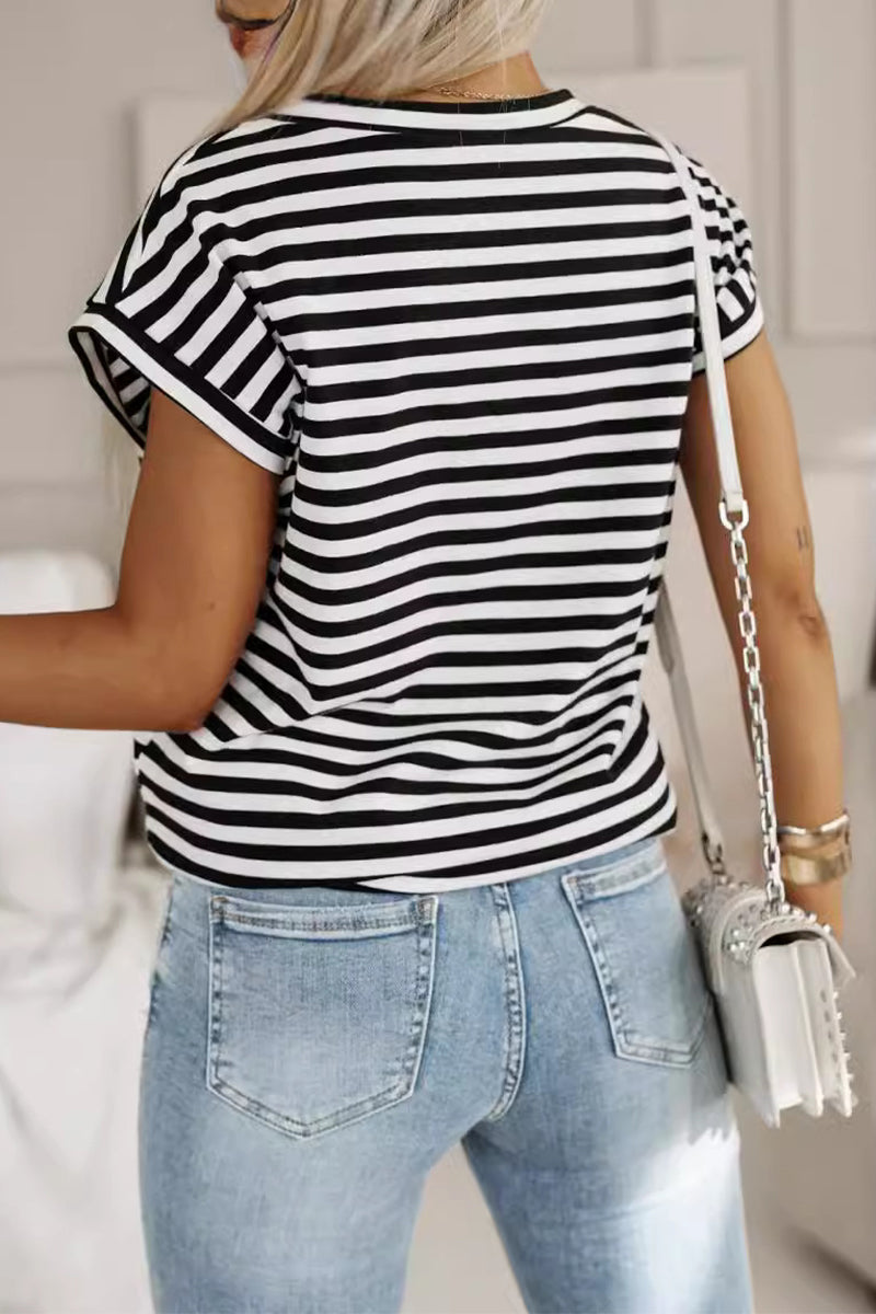 MW | Casual Gestreifte Patchwork V-Ausschnitt T-Shirts