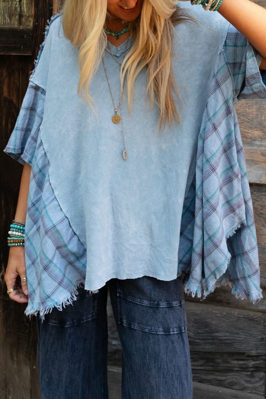 MW | Casual Plaid Distressed Patchwork Kontrast V Hals T-Shirts