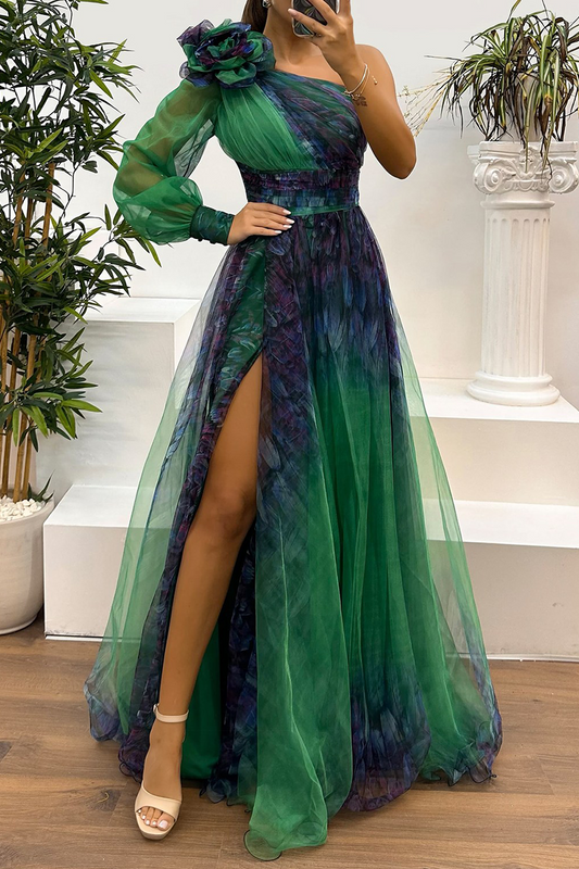 MW | Sexy Prom Floral Print Schlitz Mesh Blume Form schrägen Schulter Abendkleider(6 Farben)