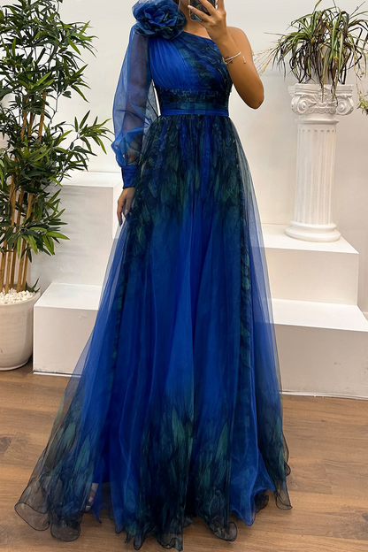MW | Sexy Prom Floral Print Schlitz Mesh Blume Form schrägen Schulter Abendkleider(6 Farben)
