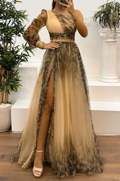 MW | Sexy Prom Floral Print Schlitz Mesh Blume Form schrägen Schulter Abendkleider(6 Farben)