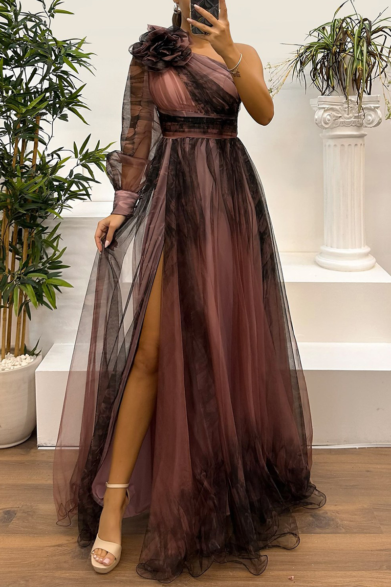 MW | Sexy Prom Floral Print Schlitz Mesh Blume Form schrägen Schulter Abendkleider(6 Farben)