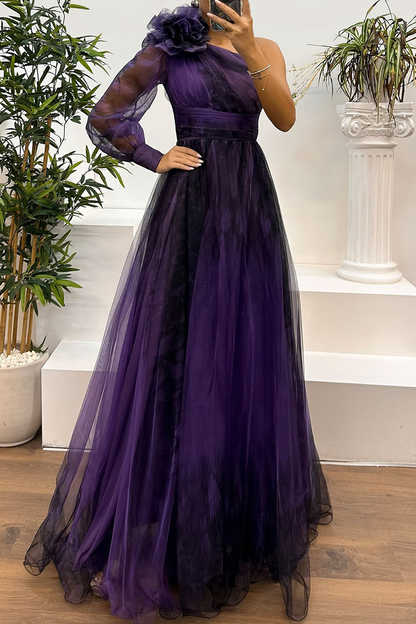 MW | Sexy Prom Floral Print Schlitz Mesh Blume Form schrägen Schulter Abendkleider(6 Farben)