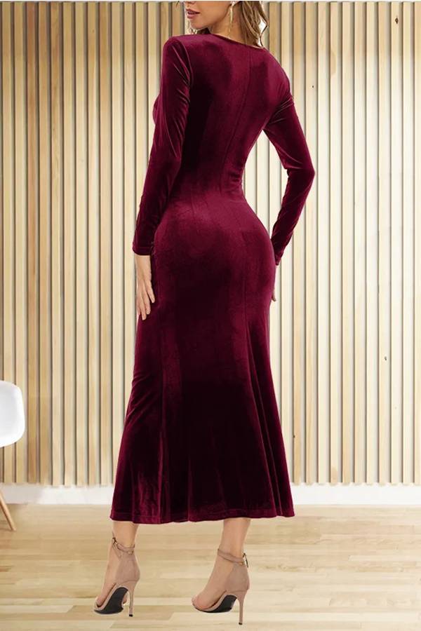 MW | Solide Samt Langarm V-Ausschnitt Slim Fit Fischschwanz Maxi Kleid