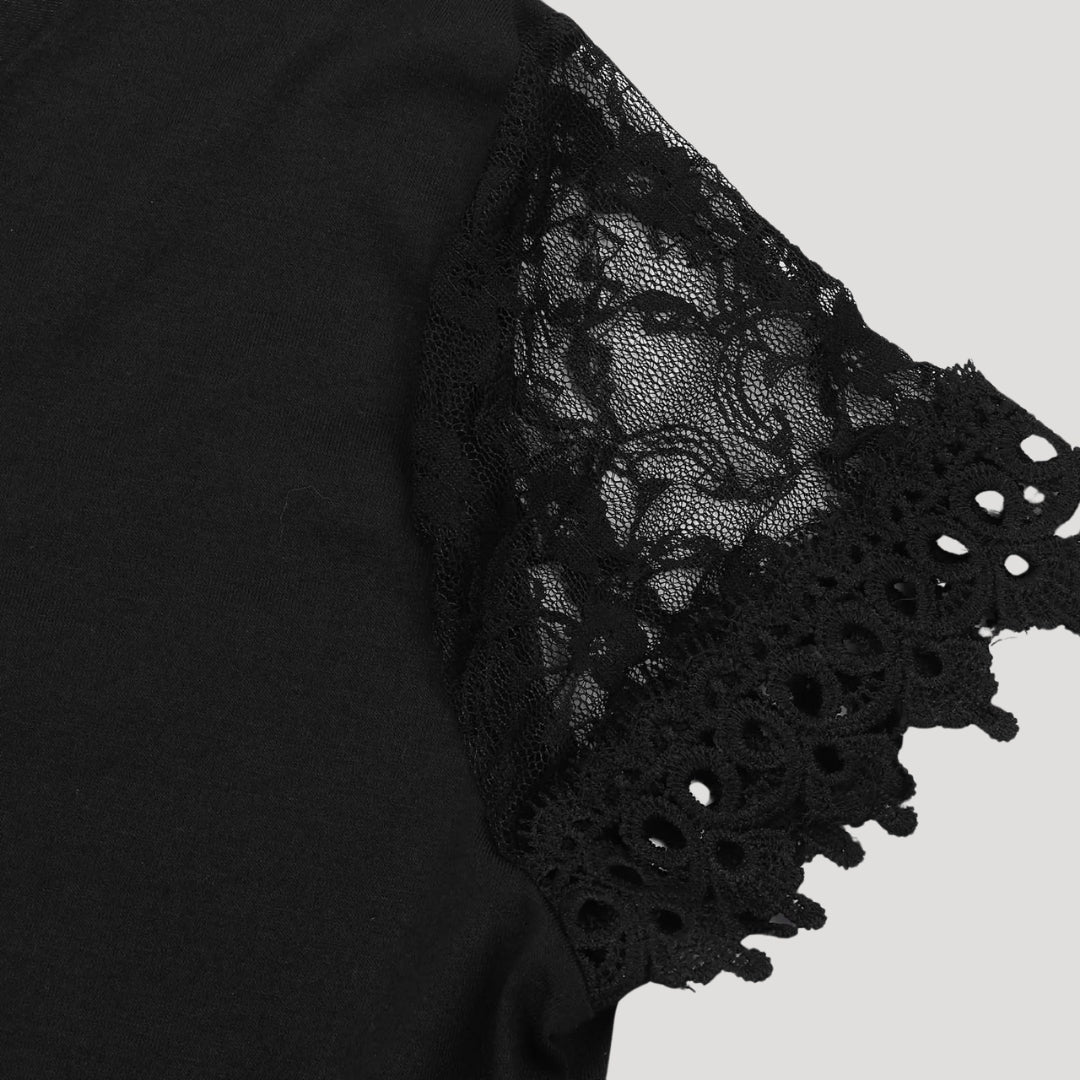 MW | Damen Schwarzes Minikleid mit kurzen Ärmeln aus Spitze