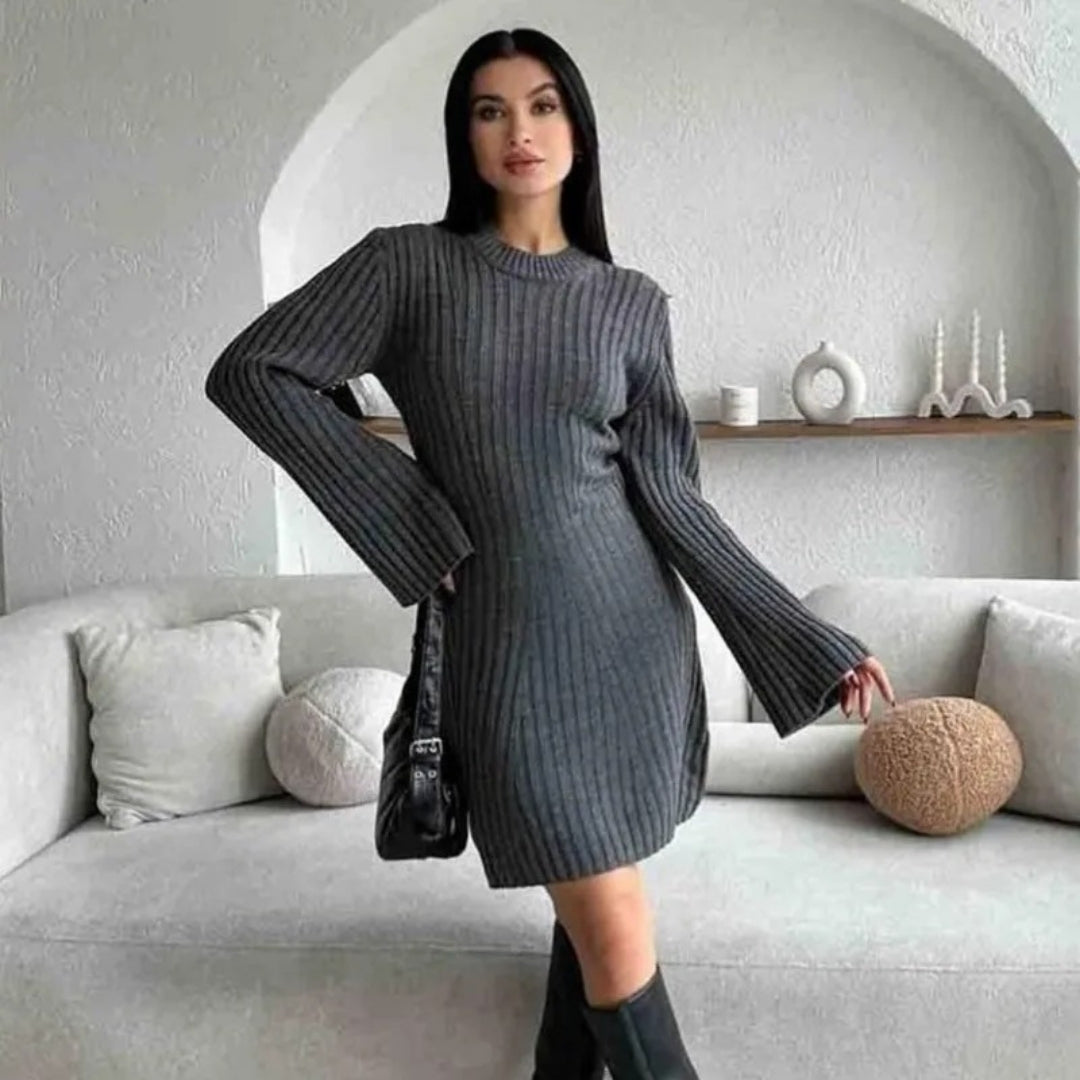 MW | Damen Rippenstrick Langarm Pullover Minikleid