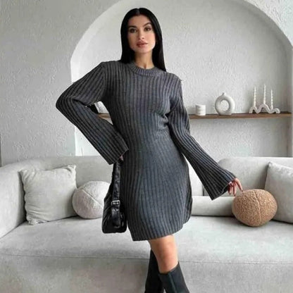 MW | Damen Rippenstrick Langarm Pullover Minikleid