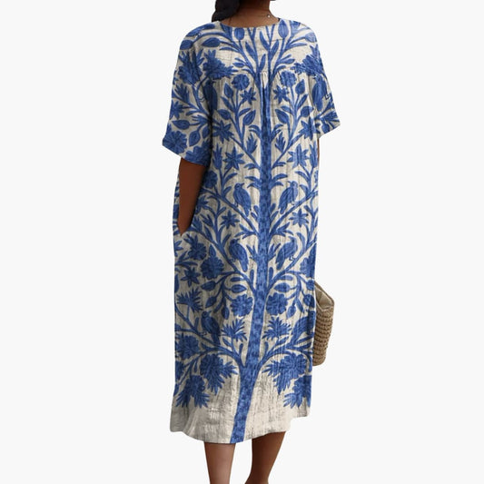 MW | Damen Midikleid mit V-Ausschnitt kurze Ärmel Blumendruck