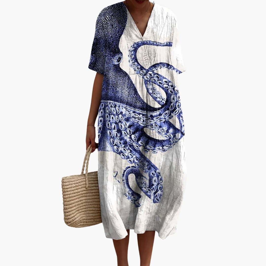MW | Damen Midikleid mit kurzen Ärmeln und Meerestierprint