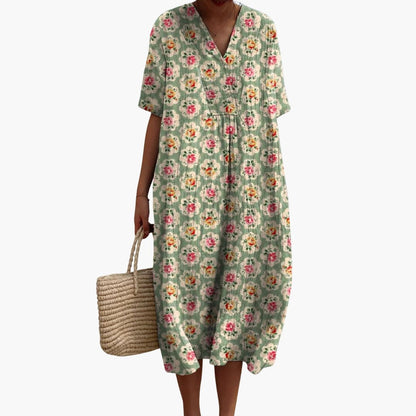 MW | Damen kurzärmeliges Midikleid mit Blumenprint V-Ausschnitt