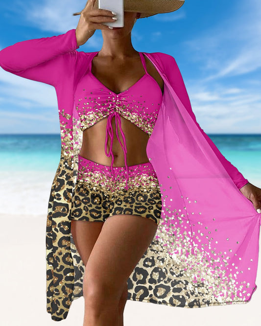 MW | Dreiteiliger Badeanzug mit Leoparden-Ombre-Print