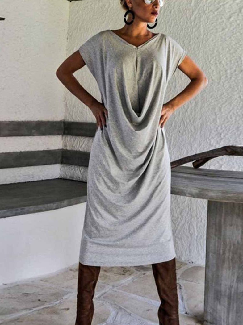 MW | Solide Farbe Offener Rücken V-Ausschnitt Kurze Ärmel Midi Kleid