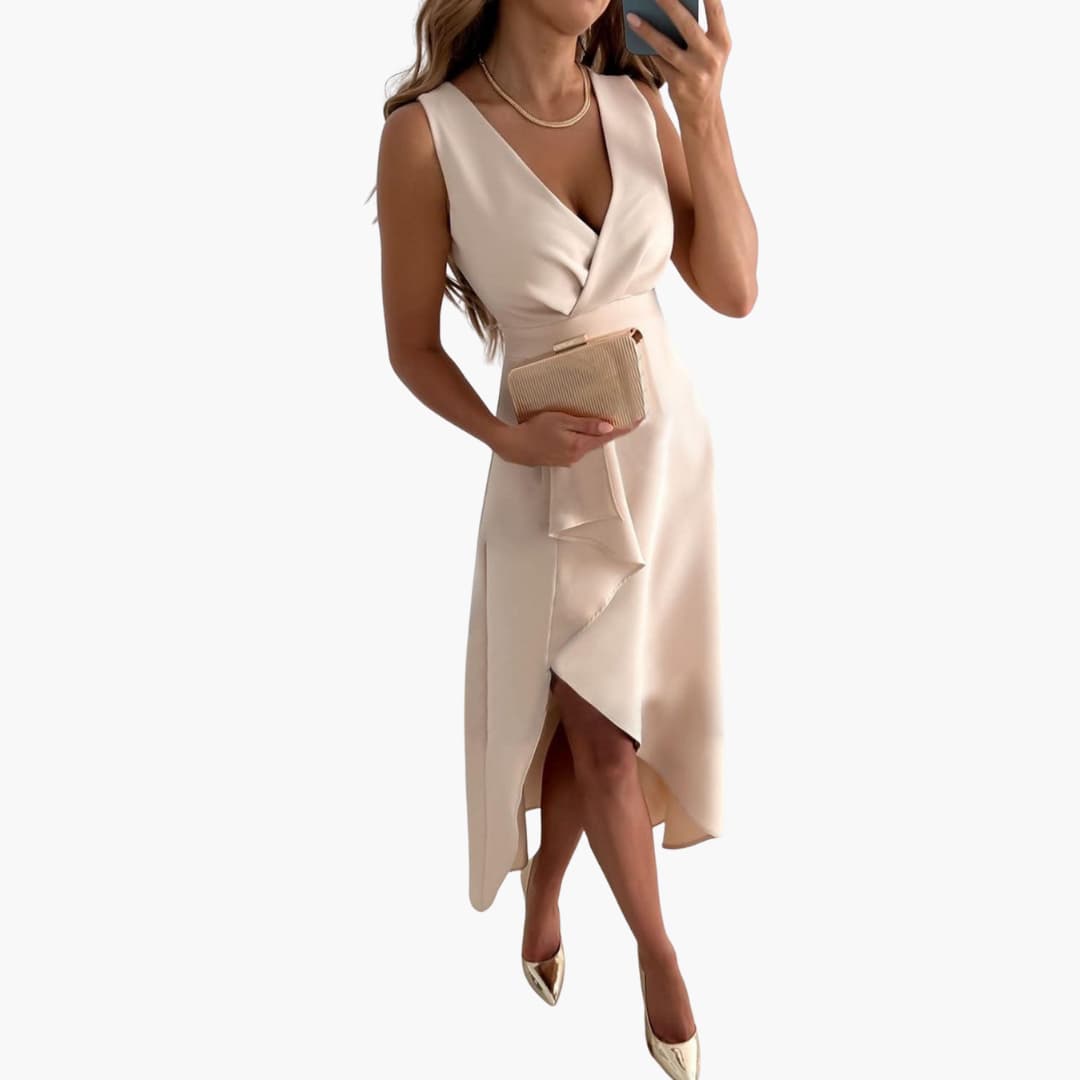 MW | Damen ärmelloses Midikleid mit V-Ausschnitt und High-Low-Saum