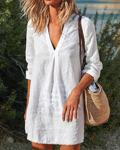 MW | Button Down Knielang Midi-Kleid V-Ausschnitt Split Casual Langarm Kleid