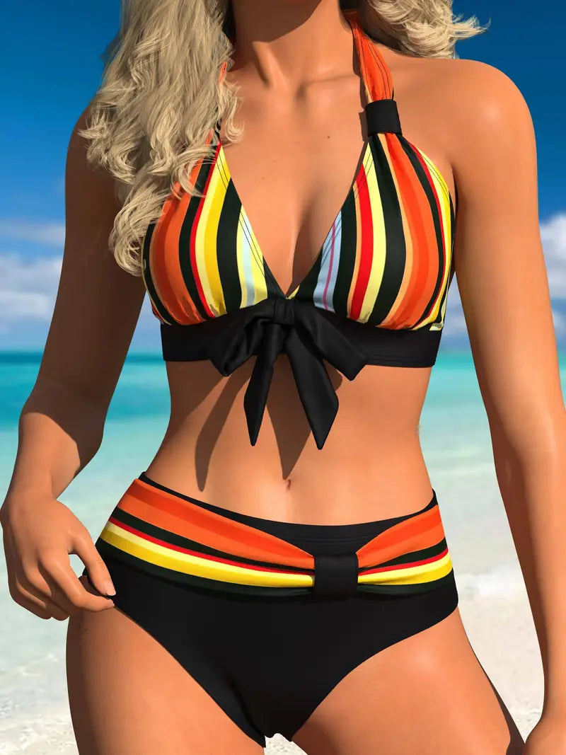 MW | Bunter Streifendruck Halter Bikini mit Kordelzug