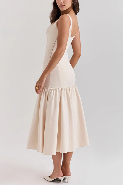 MW | Anmutige Silhouette Quadratischer Ausschnitt Breiter Riemen Tropfen Taille Midi Kleid
