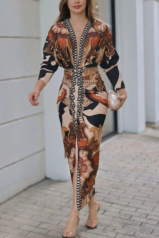MW | Verra Unique Print Dolman Langarm geraffte Schlitz Midi-Kleid