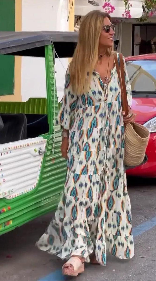 MW | Lässiges langärmeliges Maxikleid mit V-Ausschnitt
