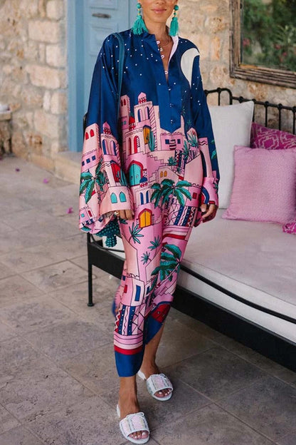 MW | Seaside Stroll Satin Einzigartiger Druck Button Up Langarm Schlitz Kaftan Midi Kleid