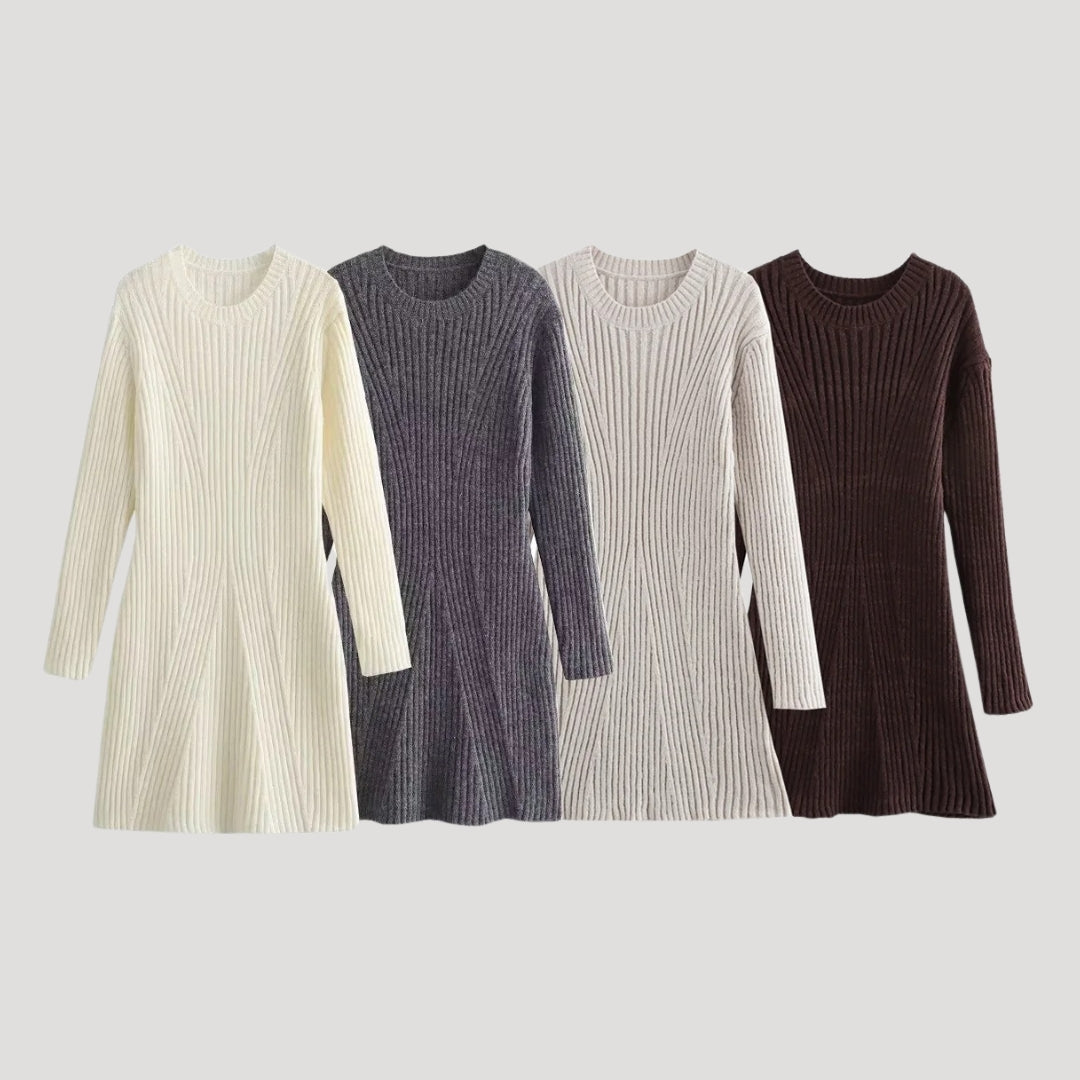 MW | Damen Rippenstrick Langarm Pullover Minikleid