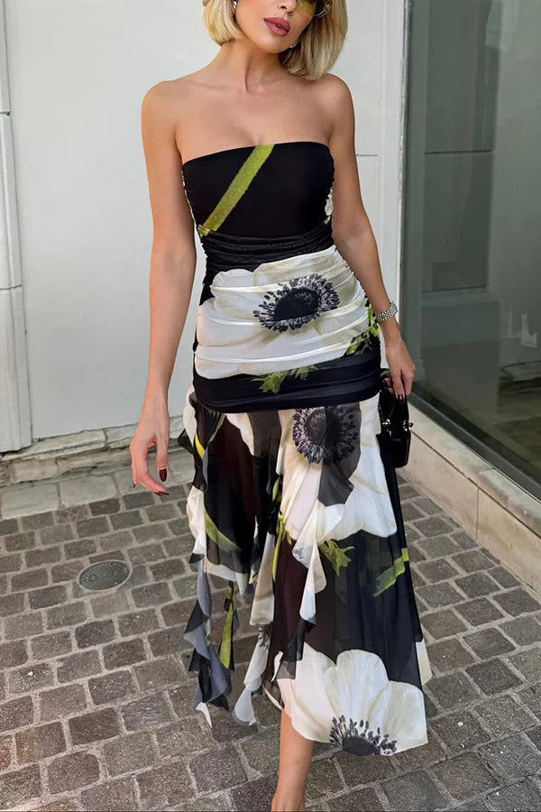 MW | Raquel Mesh Overlay Floral Print Schulterfrei Gerüscht Rüschen Stretch Midi Kleid