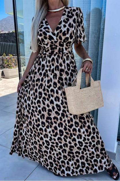 MW | Khaki Leopard V-Ausschnitt Cinched High Waist Open Back Maxikleid