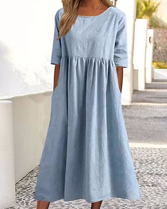 MW | Strand Kurzarm Rundhalsausschnitt Rüschen Swing Lässig Boho Midi Kleid mit Taschen