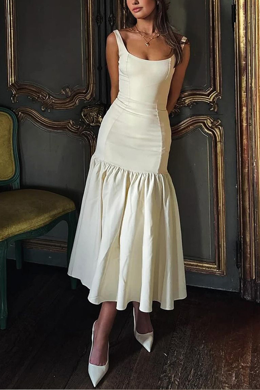 MW | Anmutige Silhouette Quadratischer Ausschnitt Breiter Riemen Tropfen Taille Midi Kleid