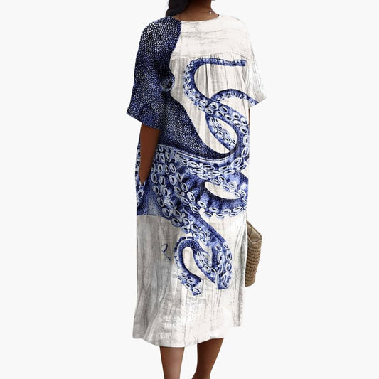 MW | Damen Midikleid mit kurzen Ärmeln und Meerestierprint