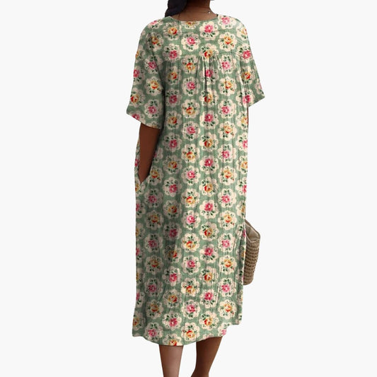 MW | Damen kurzärmeliges Midikleid mit Blumenprint V-Ausschnitt