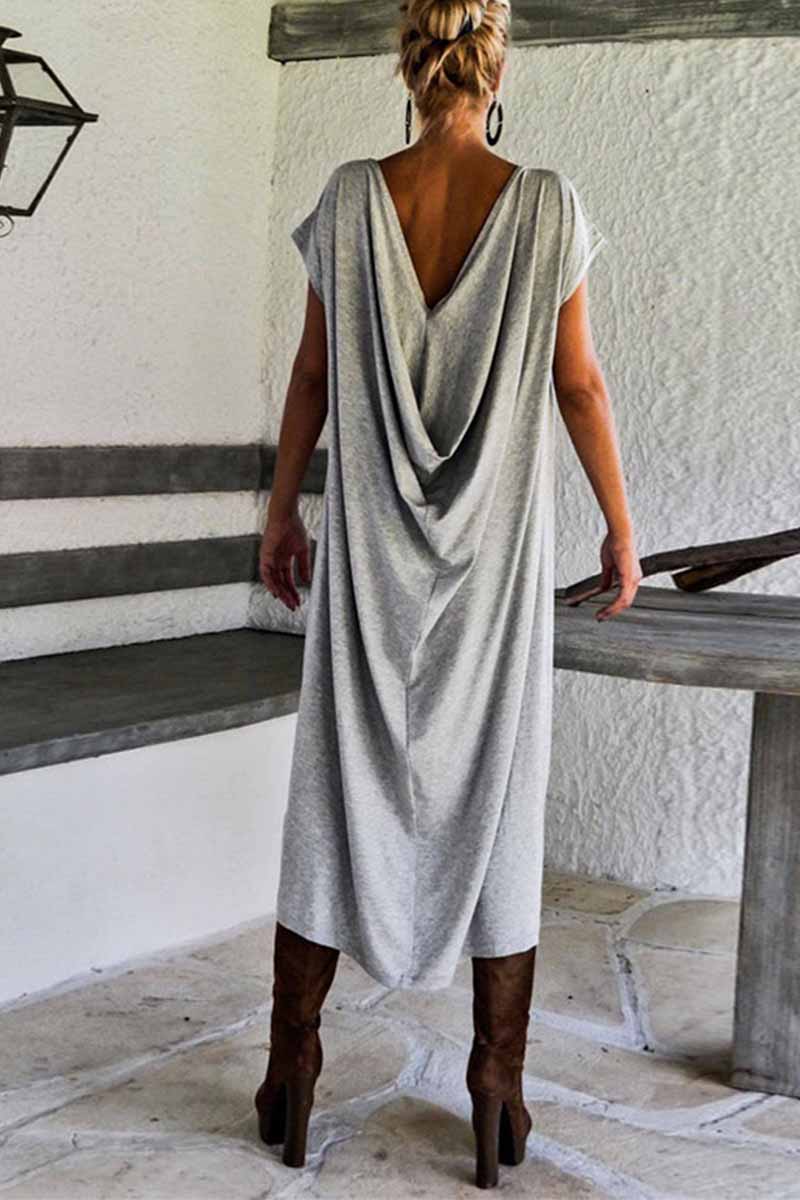 MW | Solide Farbe Offener Rücken V-Ausschnitt Kurze Ärmel Midi Kleid