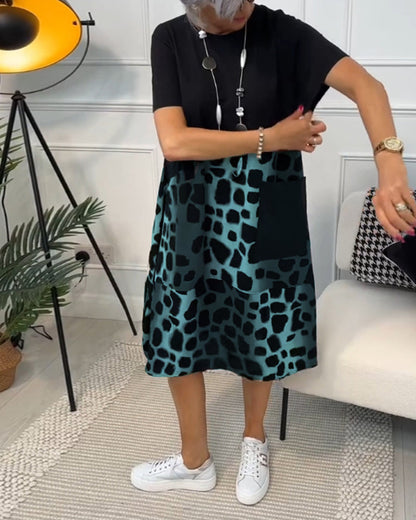 MW | Stilvolles kurzärmeliges Midikleid mit Leopardenmuster