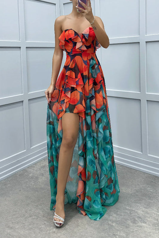 MW | Loving Moment Gradient Einzigartiger Druck Fließend Geschichtet Rüschen Trägerlos Schlitz Maxikleid