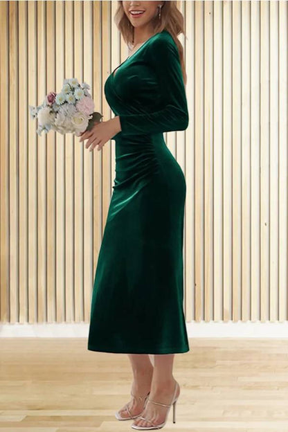 MW | Solide Samt Langarm V-Ausschnitt Slim Fit Fischschwanz Maxi Kleid
