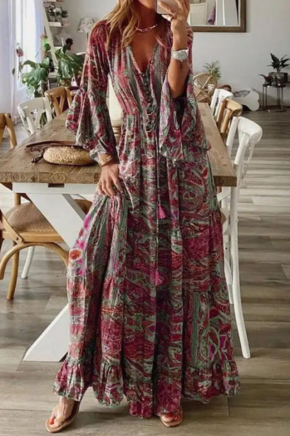 MW | V-Ausschnitt Lose Peris Print Urlaub Langarm Maxikleid