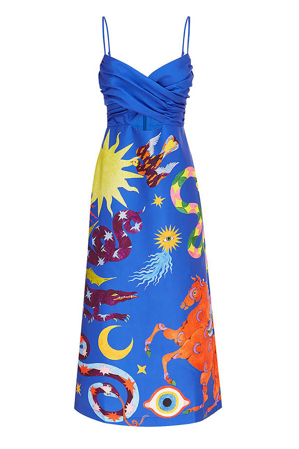 MW | Main Stage Einzigartige gedruckt geraffte Kreuz über Detail Strap Midi Kleid