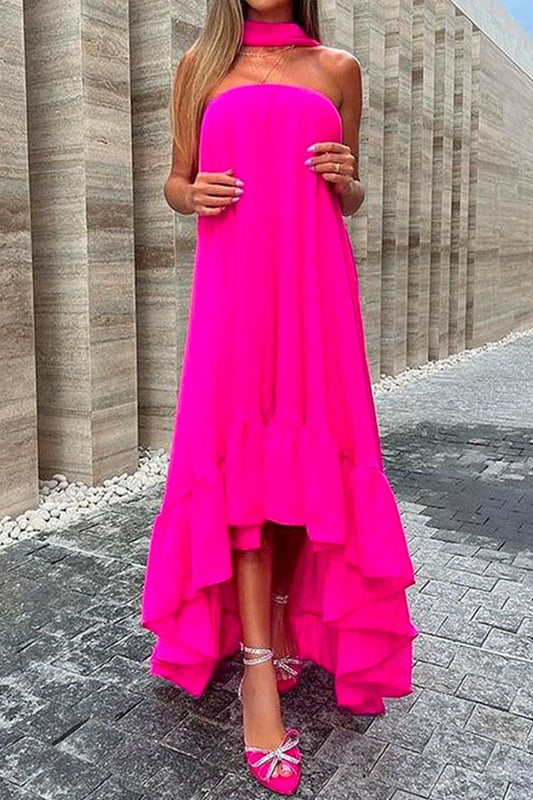 MW | Ärmelloses, schulterfreies, unregelmäßiges Maxikleid mit Rüschen