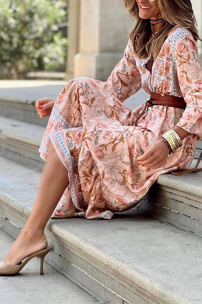 MW | Rosa Sexy Bohème Blumen V-Ausschnitt Rüschen Maxikleid
