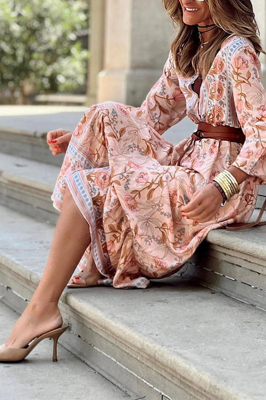 MW | Rosa Sexy Bohème Blumen V-Ausschnitt Rüschen Maxikleid