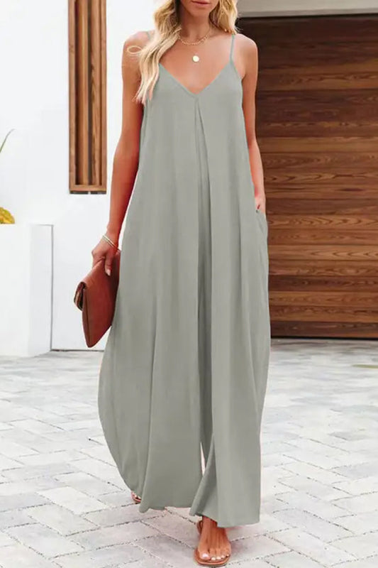 MW | Solide Farbe Seite Tasche lässig weites Bein Suspender Jumpsuit